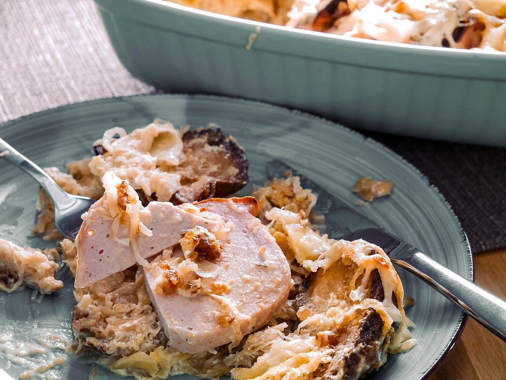 Fleischkäseauflauf mit Sauerkraut rotes linsen dal