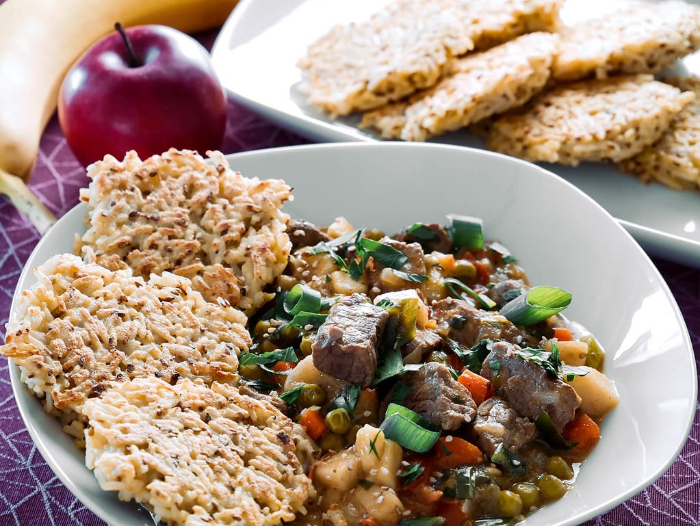 Kokos-Rinder-Curry mit Reisplätzchen piccata vom schwein