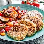 Reispuffer mit Pfannengemüse piccata vom schwein piccata vom schwein, parmesan schnitzel, parmesanschnitzel