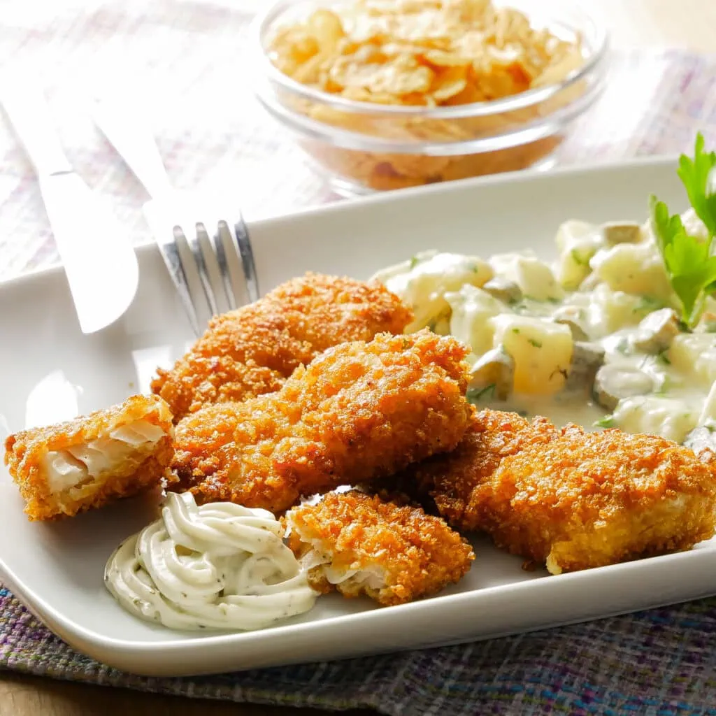 Hausgemachte Fischstäbchen mit knuspriger Panade auf einem Teller, serviert mit Remoulade und einem Kartoffelsalat mit Gurkenwürfeln. Im Hintergrund eine Schale Cornflakes.