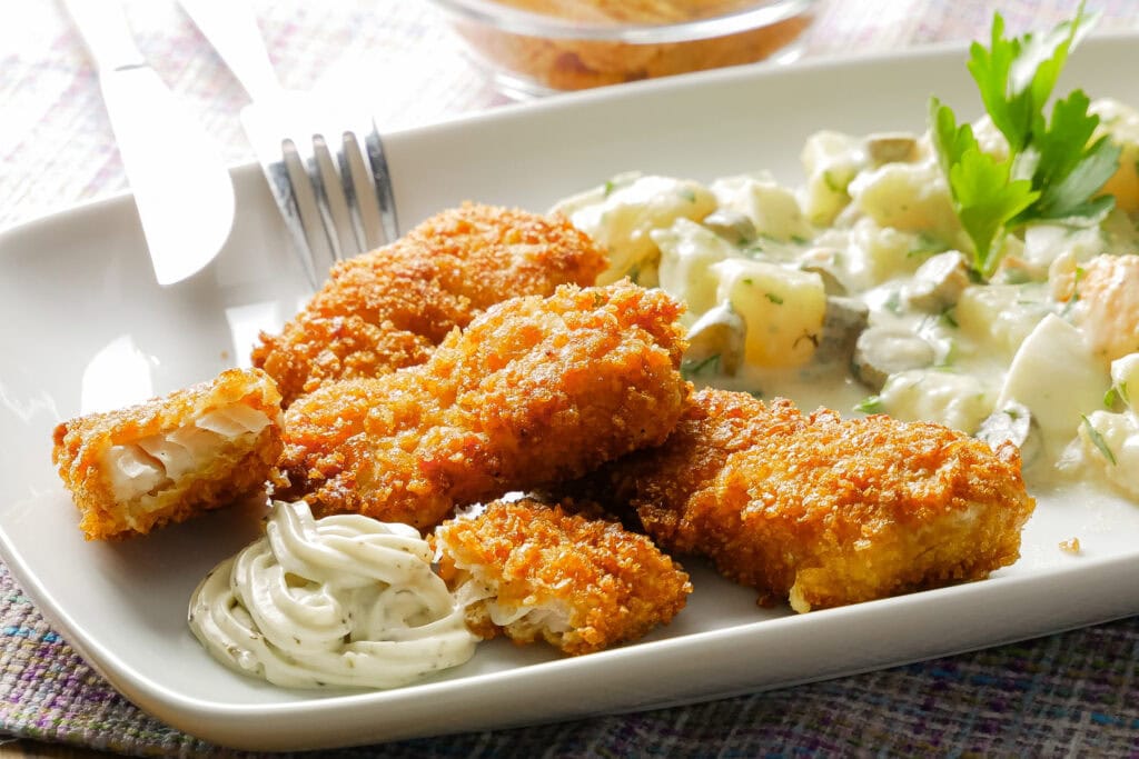 Fischstäbchen mit Cornflakes-Panade auf einem Teller, begleitet von Remoulade und Kartoffelsalat mit Gurkenwürfeln. Im Hintergrund eine Schale Cornflakes.